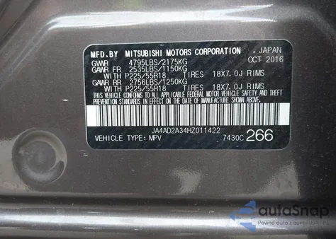 2017 Mitsubishi Outlander Es z USA, uszkodzony, nr VIN JA4AD2A34HZ011422